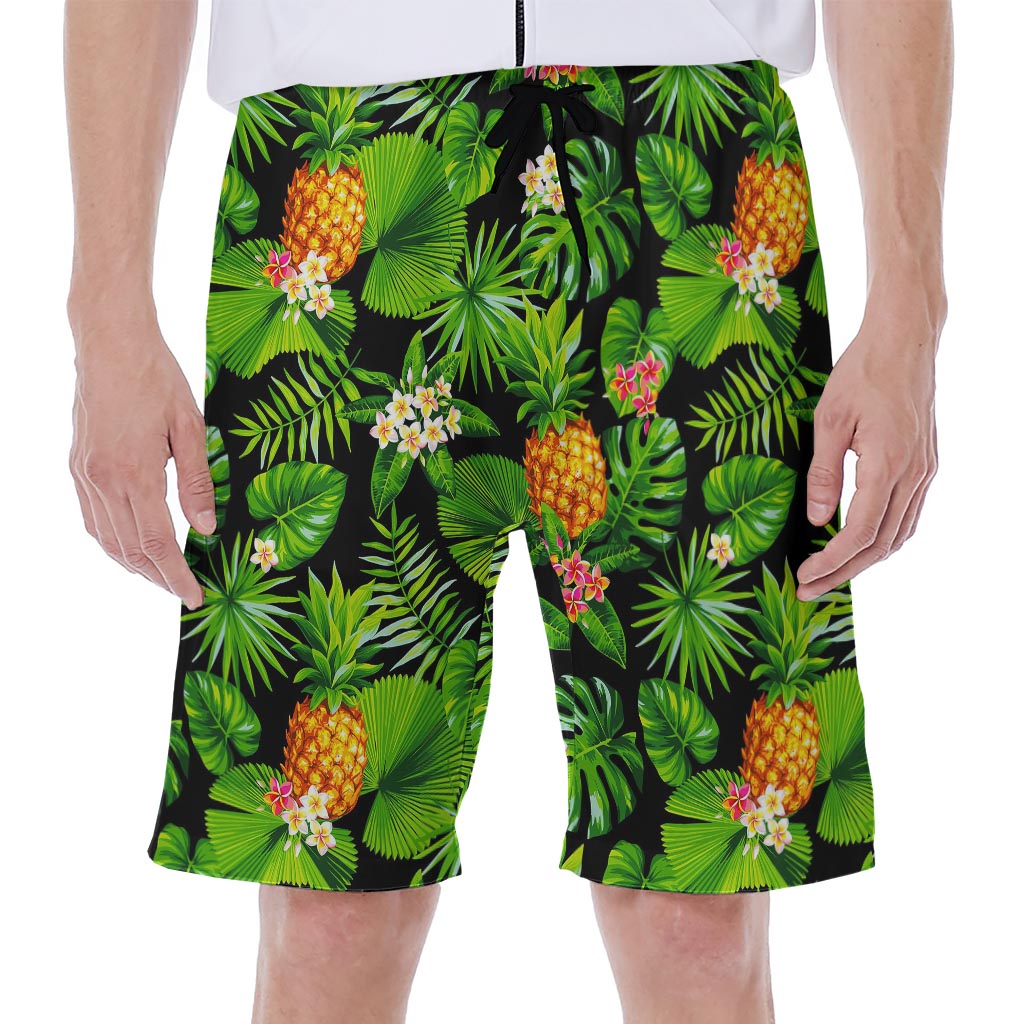 Black Hawaiian Pineapple Pattern Print Men's Beach Shorts - 1