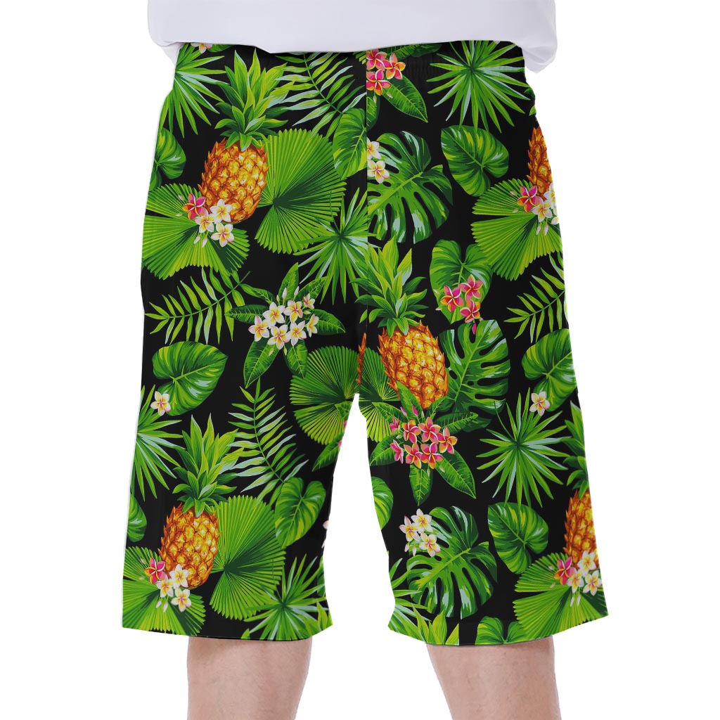 Black Hawaiian Pineapple Pattern Print Men's Beach Shorts - 1