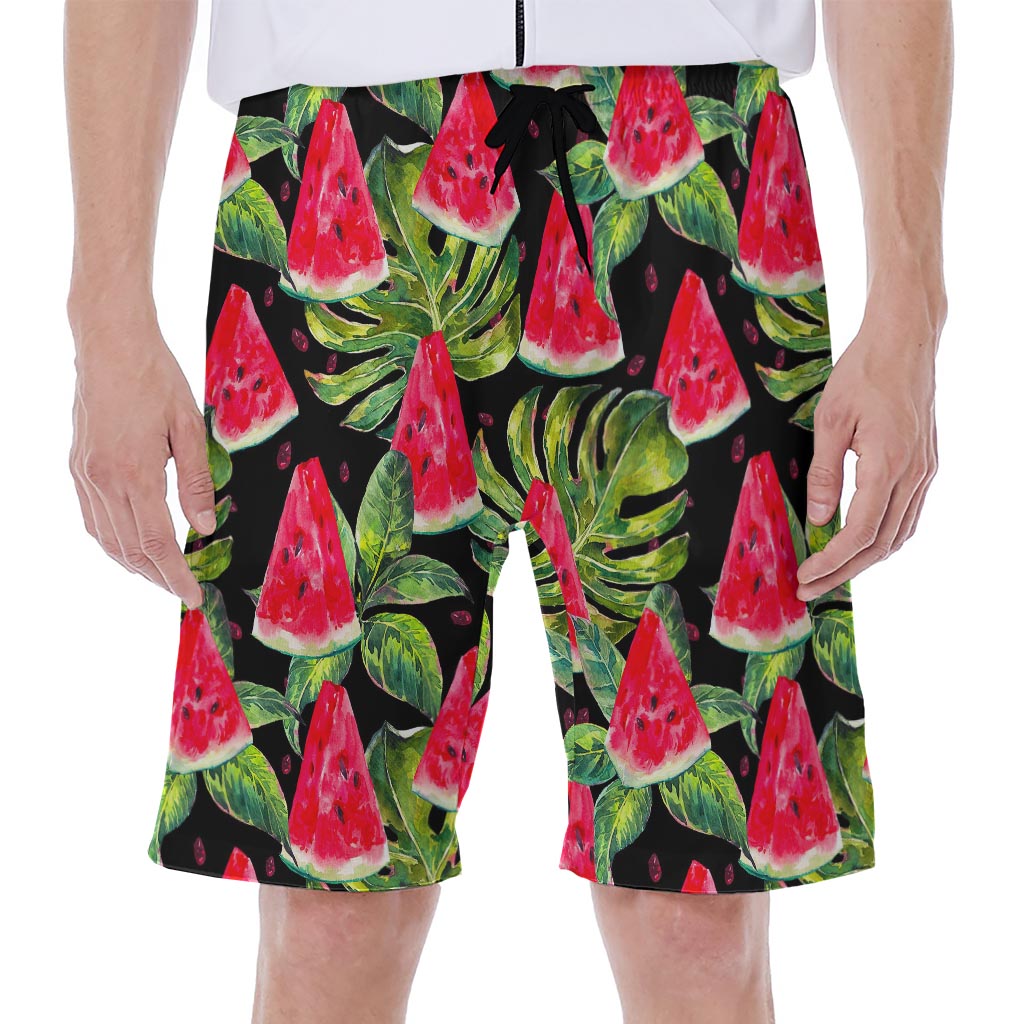 Black Palm Leaf &amp; Watermelon Pattern Hawaiian Men&#39;s Beach Shorts - 1