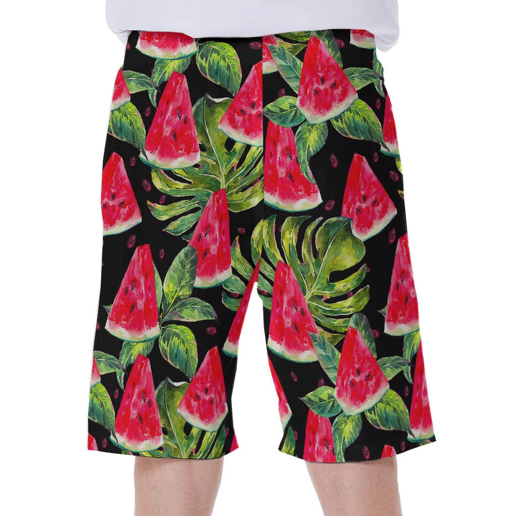 Black Palm Leaf &amp; Watermelon Pattern Hawaiian Men&#39;s Beach Shorts - 2