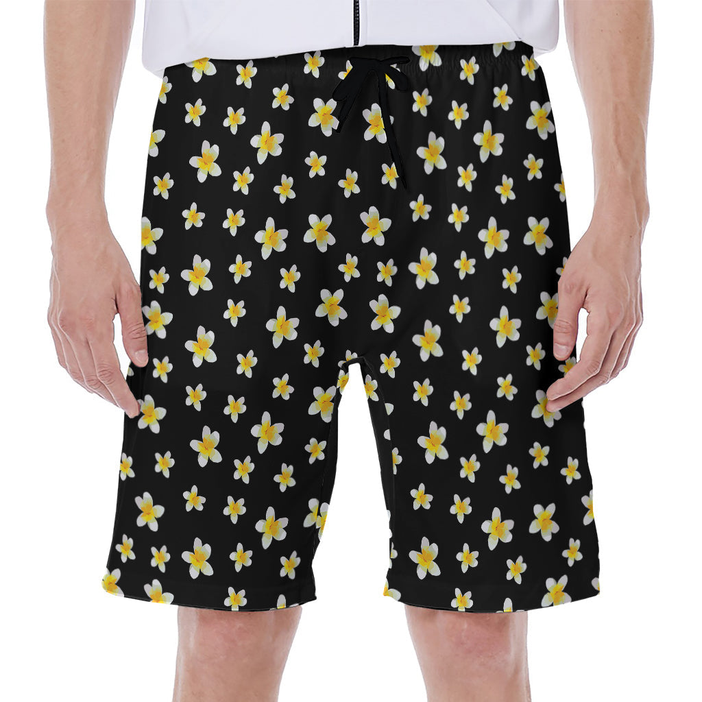 Black Plumeria Paradise: Hawaiian Men's Beach Shorts - 1