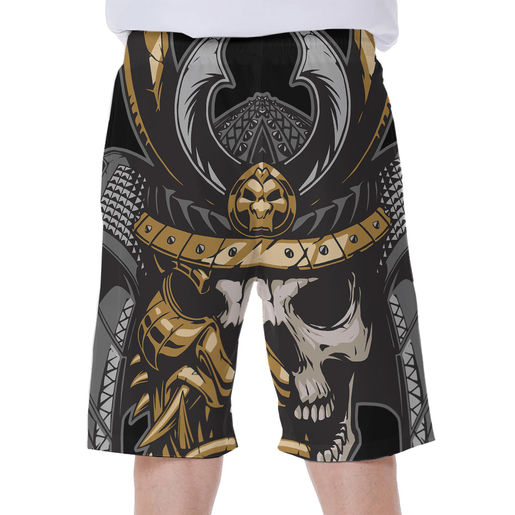 Black Samurai Skull Print Hawaiian Men's Beach Shorts - 1