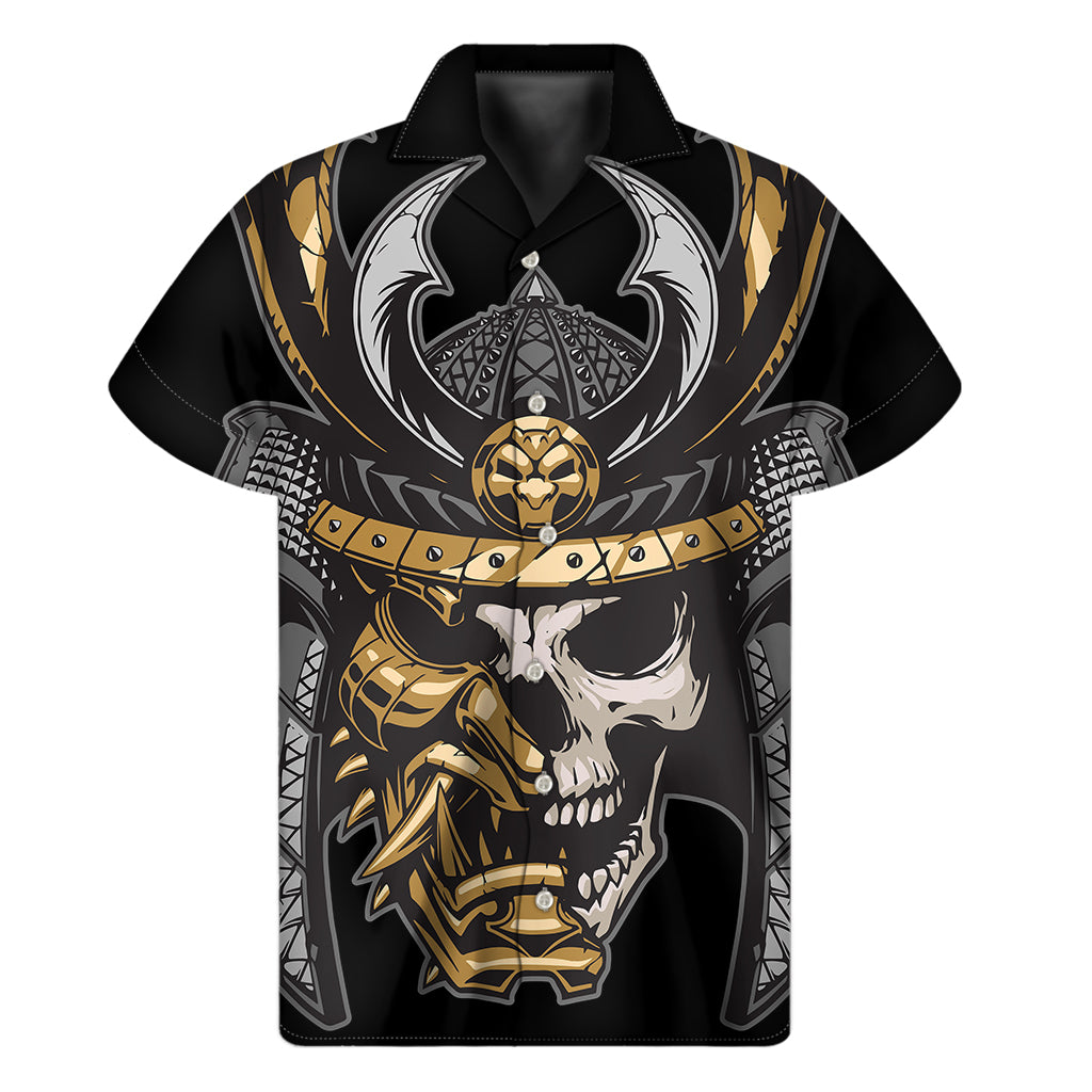 Black Samurai Skull Print Hawaiian Short Sleeve Shirt - 1