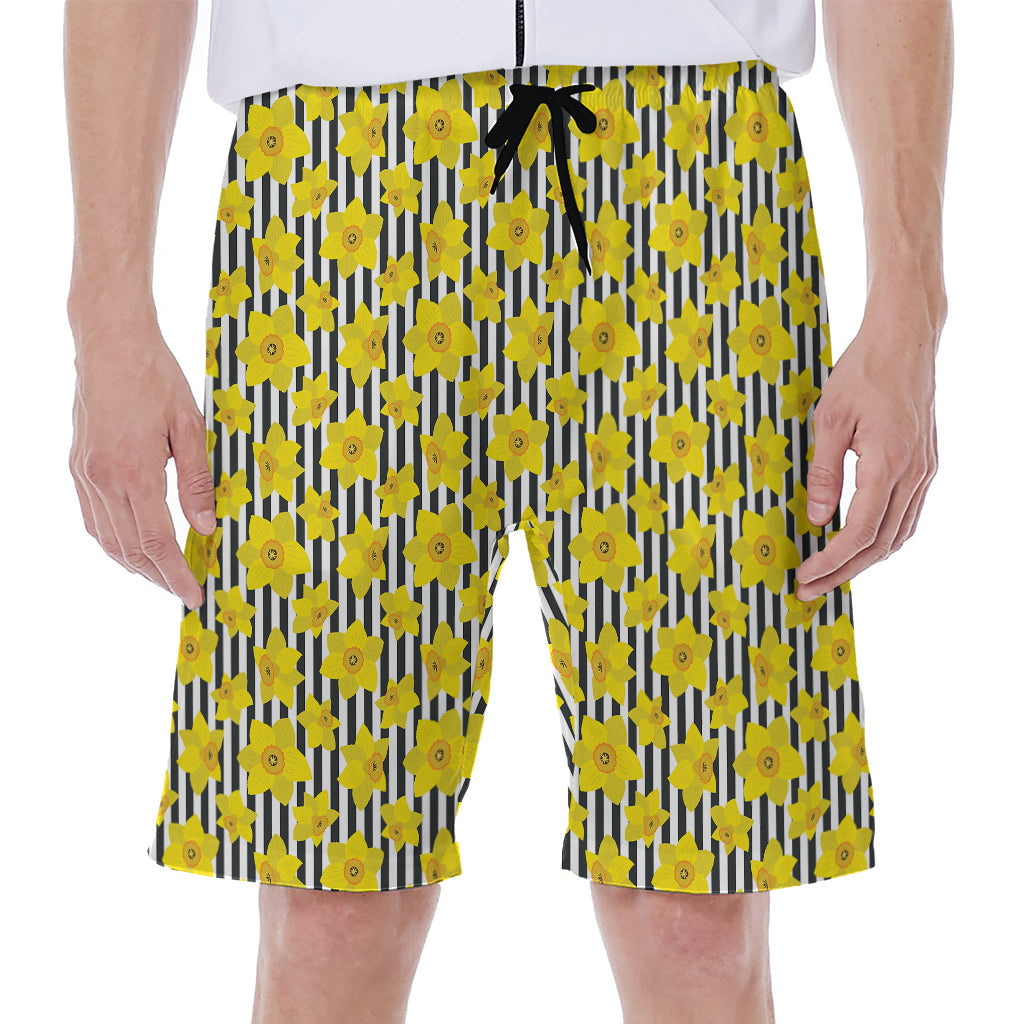 Black Striped Daffodil Pattern Hawaiian Men's Beach Shorts - 1