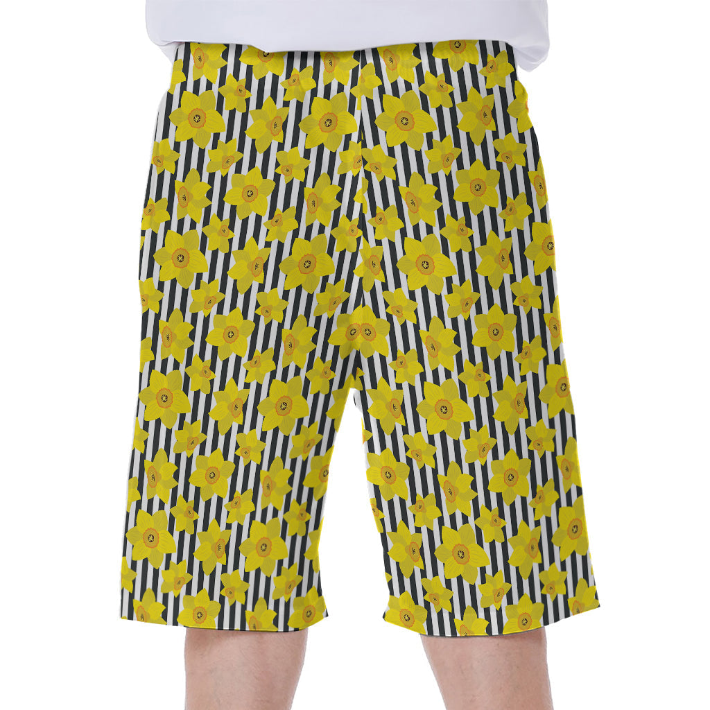 Black Striped Daffodil Pattern Hawaiian Men's Beach Shorts - 1