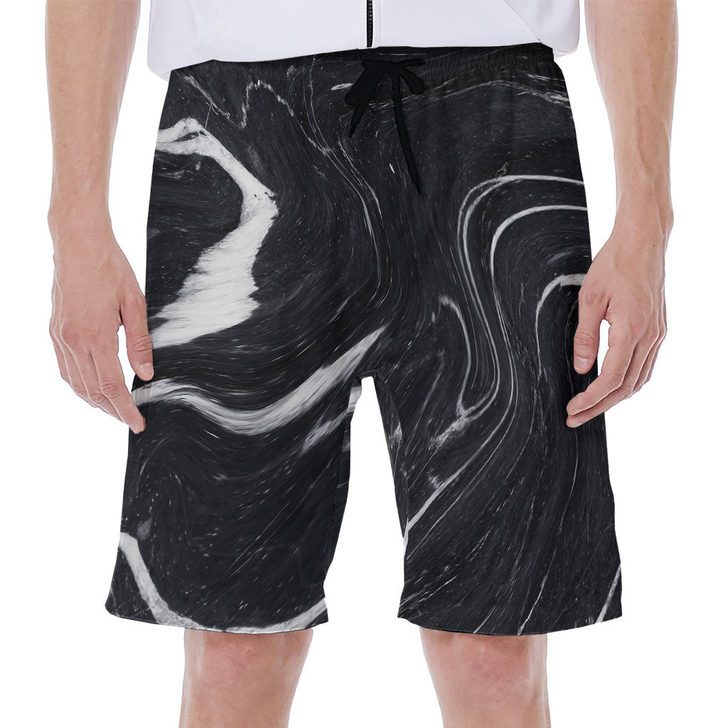 Black & White Liquid Marble Print Hawaiian Men's Beach Shorts - 1