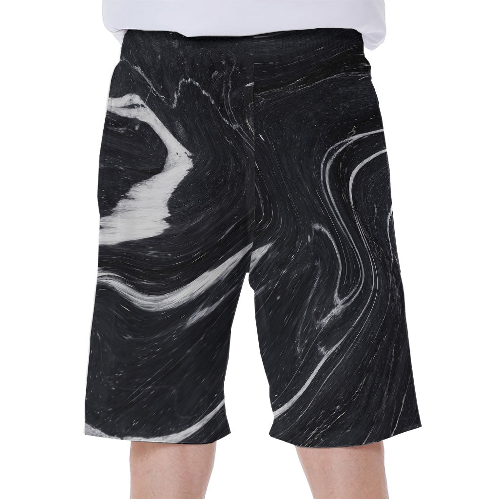 Black & White Liquid Marble Print Hawaiian Men's Beach Shorts - 1