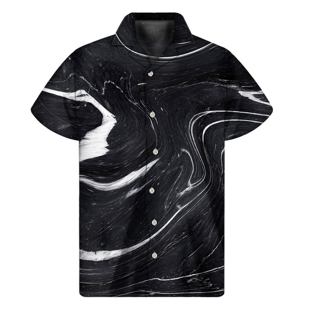 Black &amp; White Marble Print Hawaiian Short Sleeve Shirt - 1