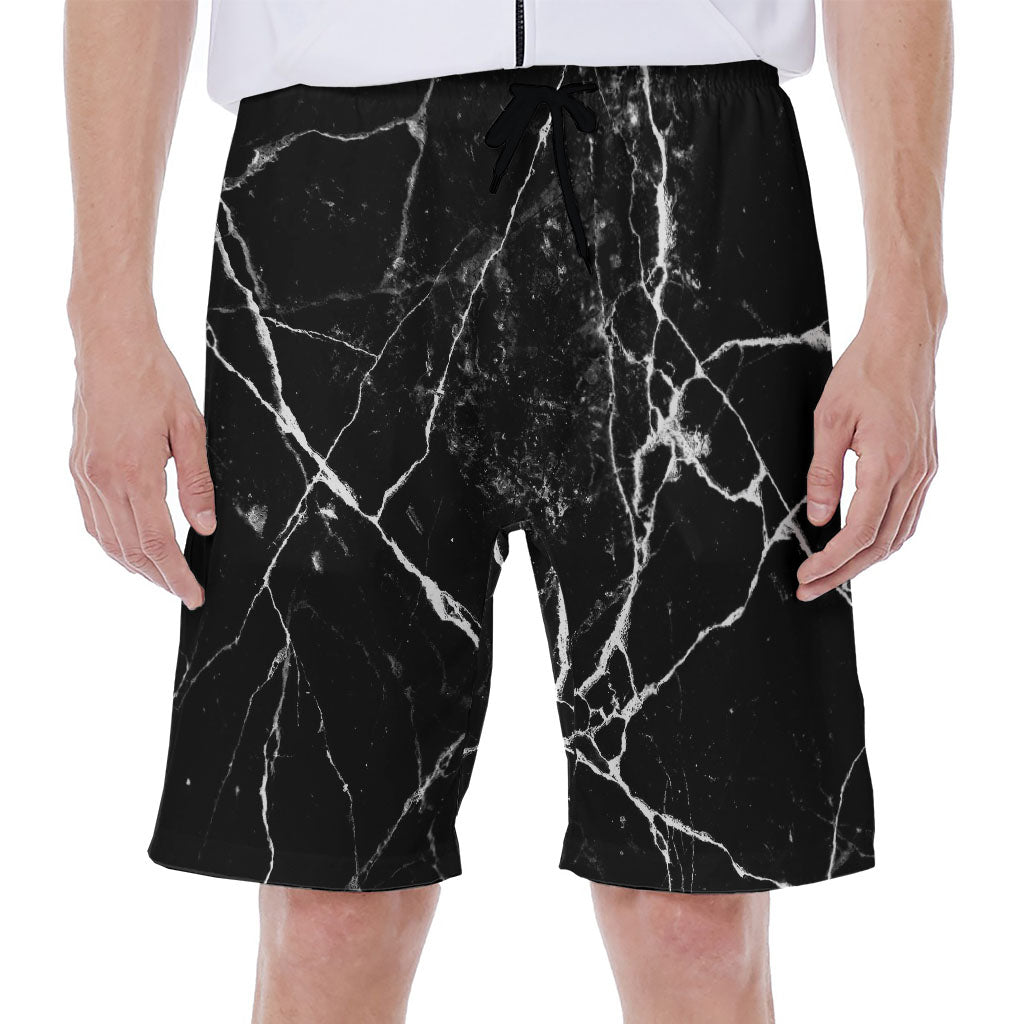 Black &amp; White Marble Print Hawaiian Men&#39;s Beach Shorts - 1