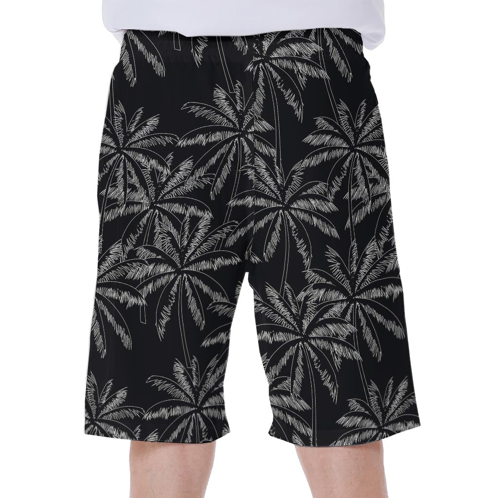 Black & White Palm Tree Pattern Hawaiian Men's Beach Shorts - 1