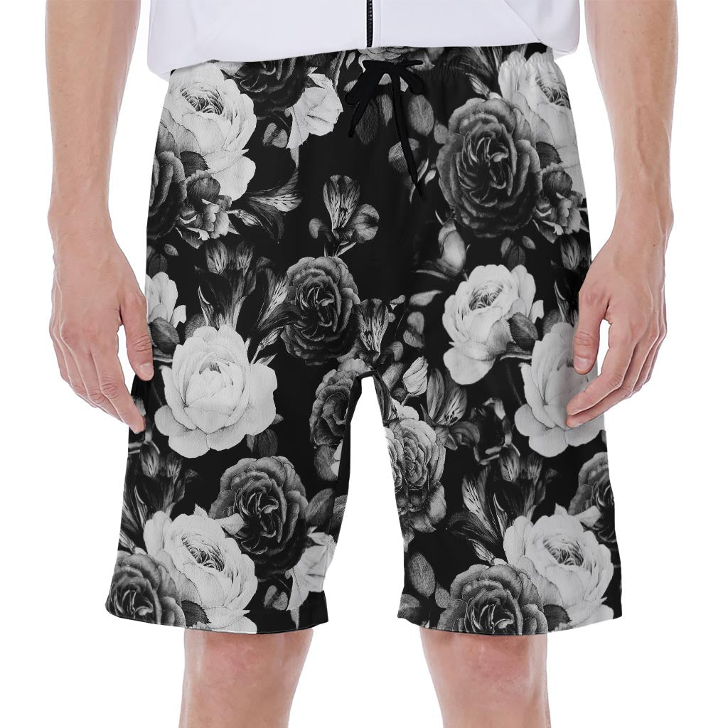 Black and White Rose Floral Hawaiian Men's Beach Shorts - 1