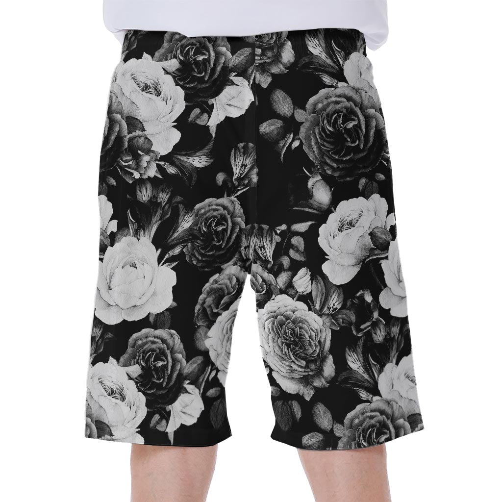 Black and White Rose Floral Hawaiian Men's Beach Shorts - 1