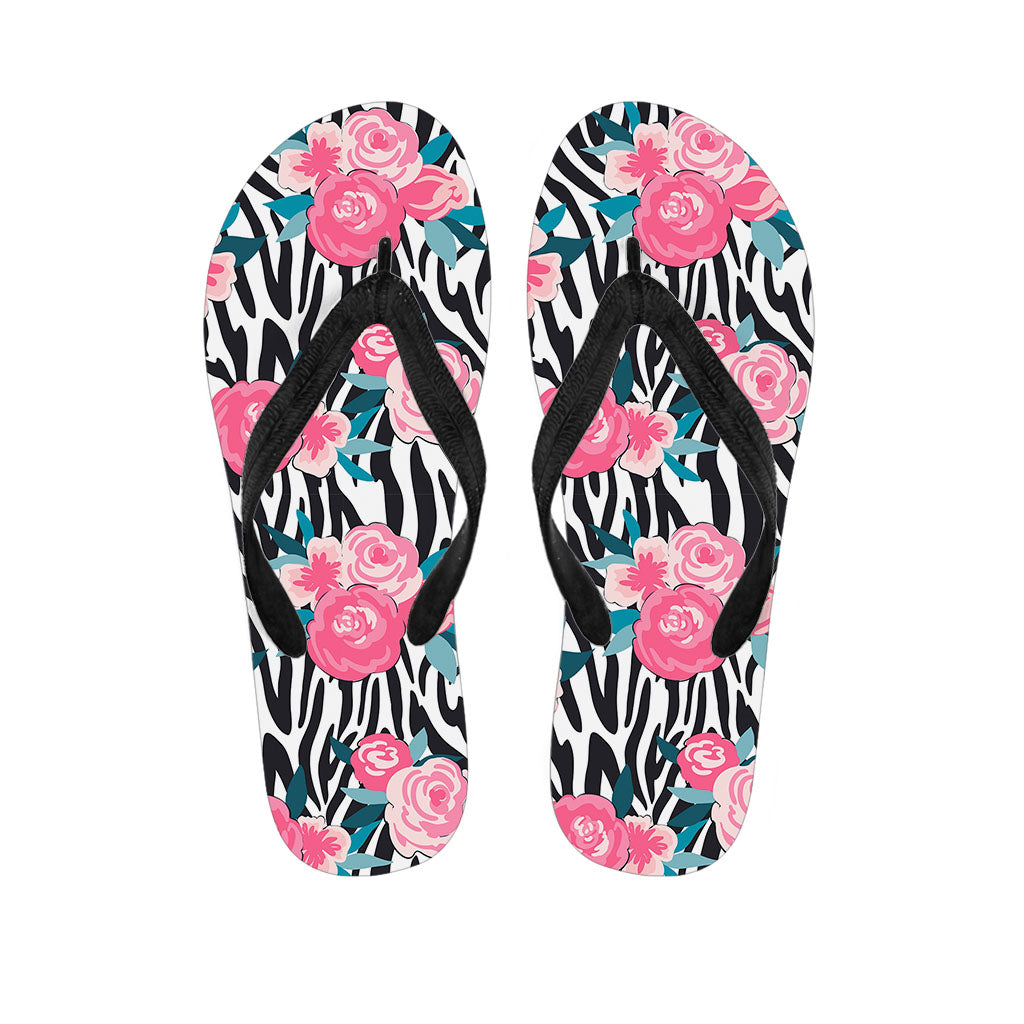 Black &amp; White Zebra Floral Hawaiian Print Flip Flops - Aloha Style - 1