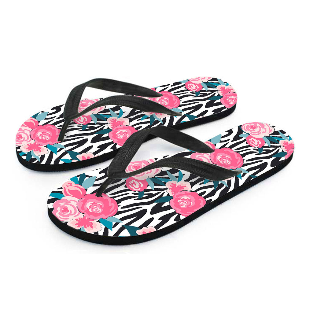 Black &amp; White Zebra Floral Hawaiian Print Flip Flops - Aloha Style - 2