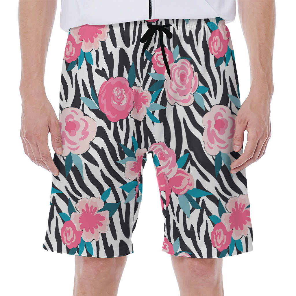 Black and White Zebra Floral Hawaiian Men&#39;s Beach Shorts - 1