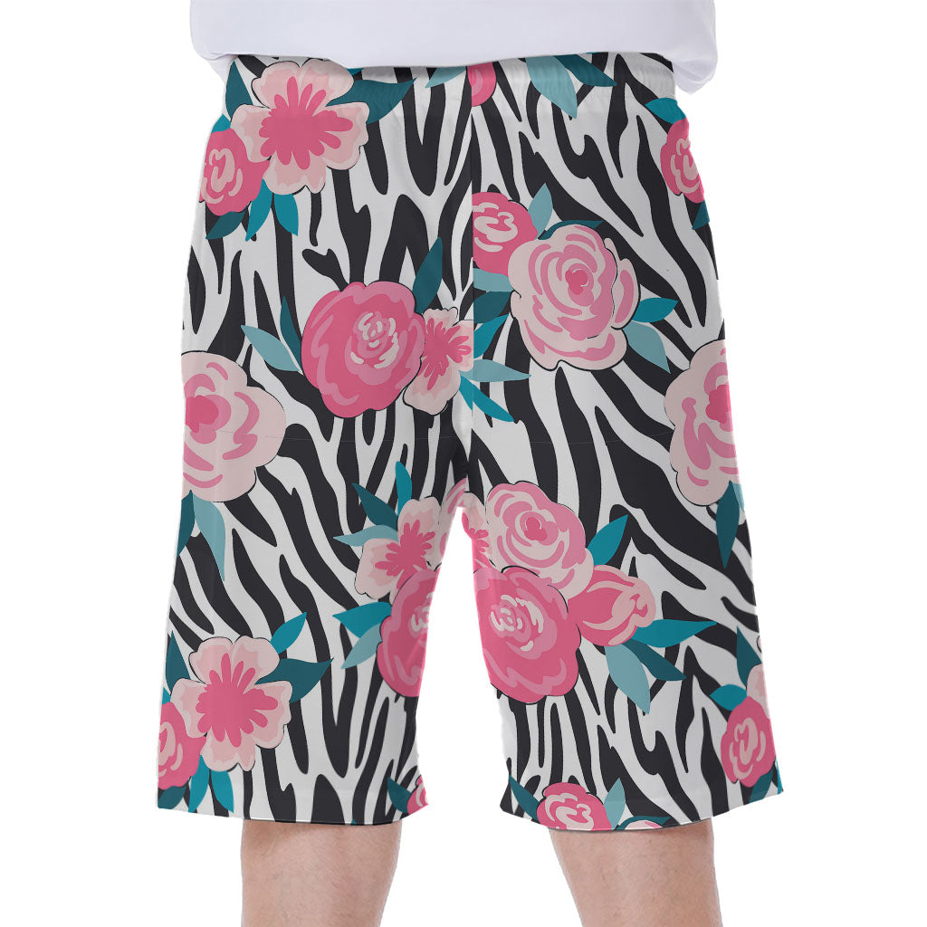 Black and White Zebra Floral Hawaiian Men's Beach Shorts - 1