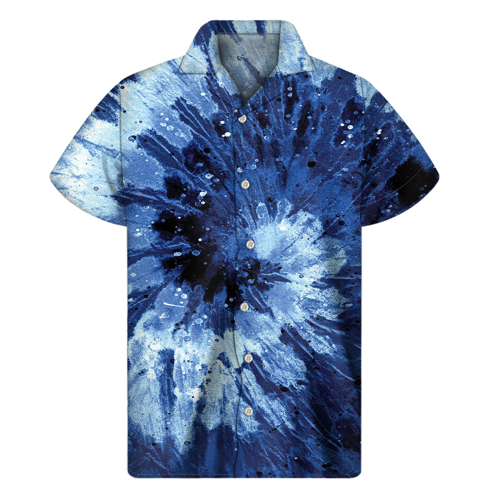 Blue and Black Tie-Dye Hawaiian Shirt for Men - 1