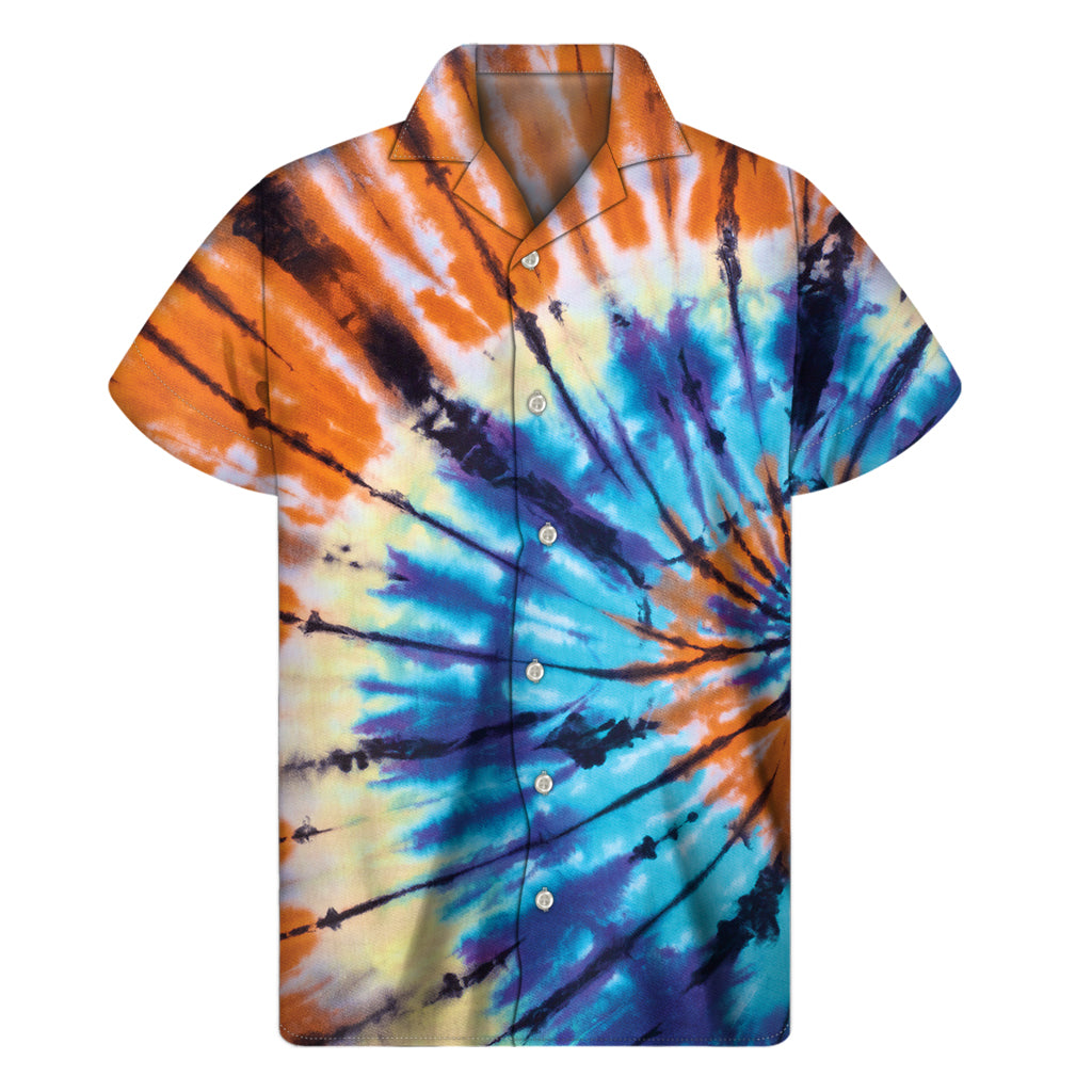 Blue and Orange Tie-Dye Hawaiian Print Short Sleeve Shirt - 1