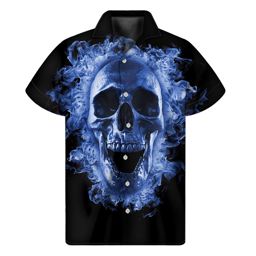 Blue Flaming Skull Hawaiian Short Sleeve Shirt - 1