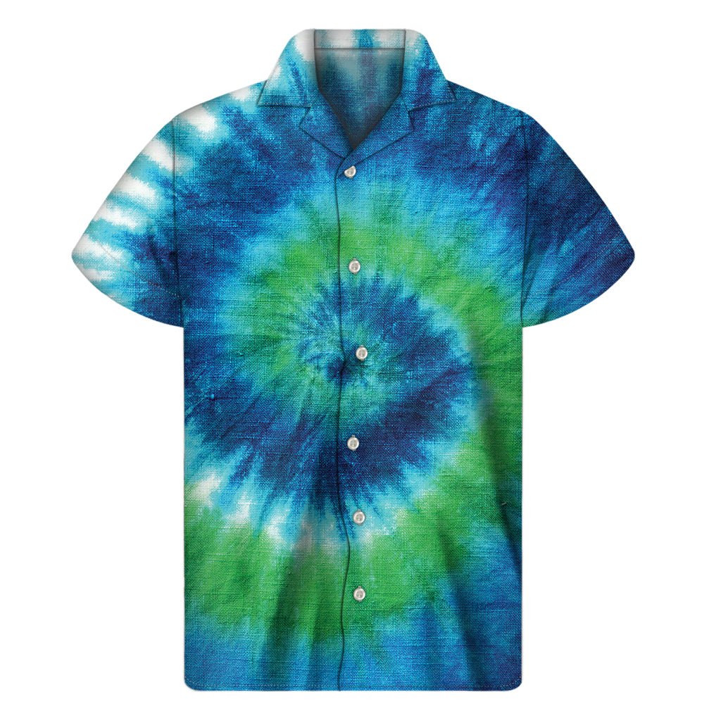 Blue, Green, and White Tie-Dye Hawaiian Aloha Shirt - 1