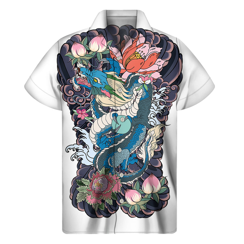 Blue Japanese Dragon Tattoo Print Hawaiian Short Sleeve Shirt - 1