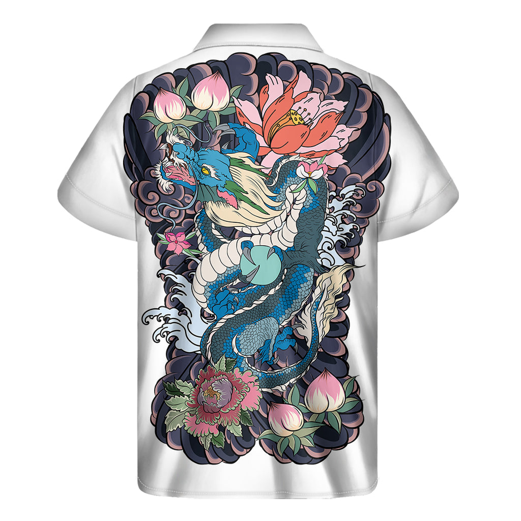 Blue Japanese Dragon Tattoo Print Hawaiian Short Sleeve Shirt - 2