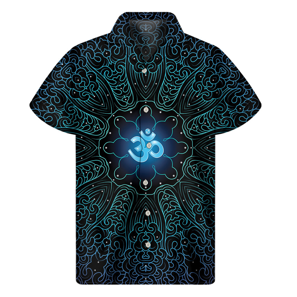 Blue Om Mandala Print Hawaiian Style Short Sleeve Shirt - 1