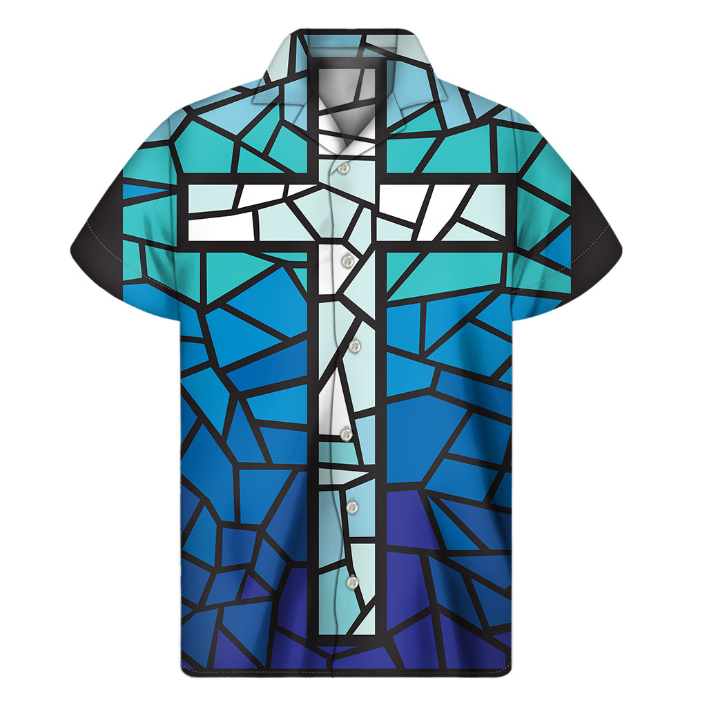 Blue Stained Glass Cross Hawaiian Shirt - 1