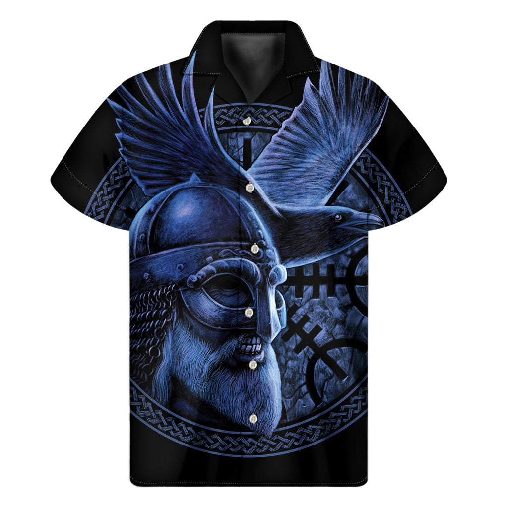 Blue Viking God Odin and Crow Print Hawaiian Short Sleeve Shirt - 1