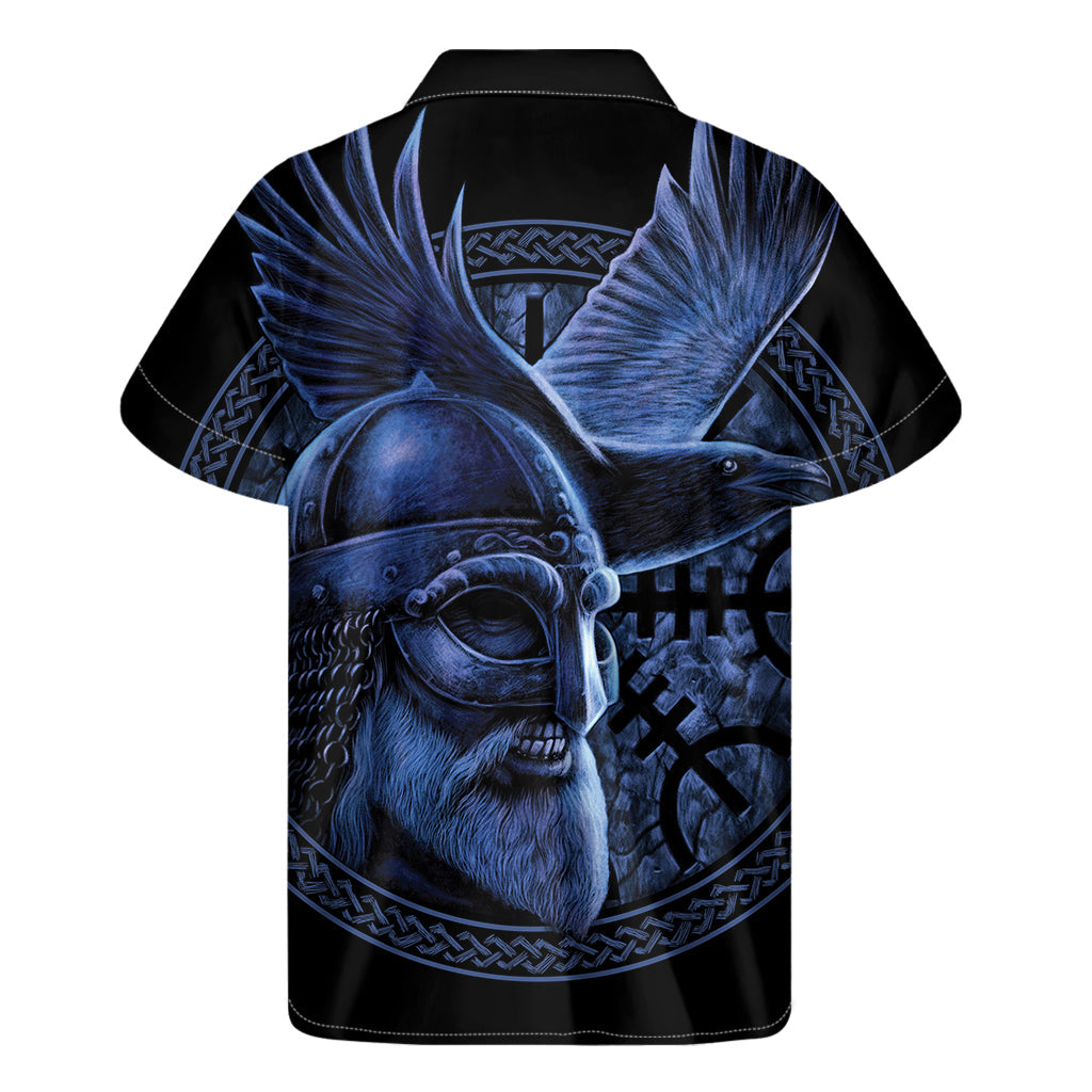 Blue Viking God Odin and Crow Print Hawaiian Short Sleeve Shirt - 2