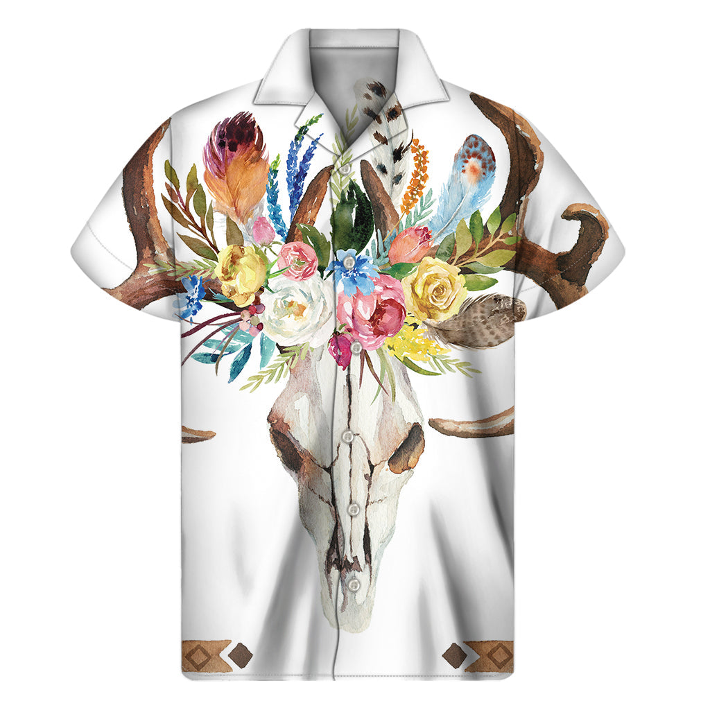 Hawaiian Vibes: Boho Floral Deer Skull Print Short Sleeve Shirt - 1