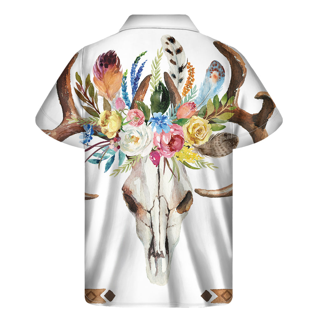 Hawaiian Vibes: Boho Floral Deer Skull Print Short Sleeve Shirt - 2