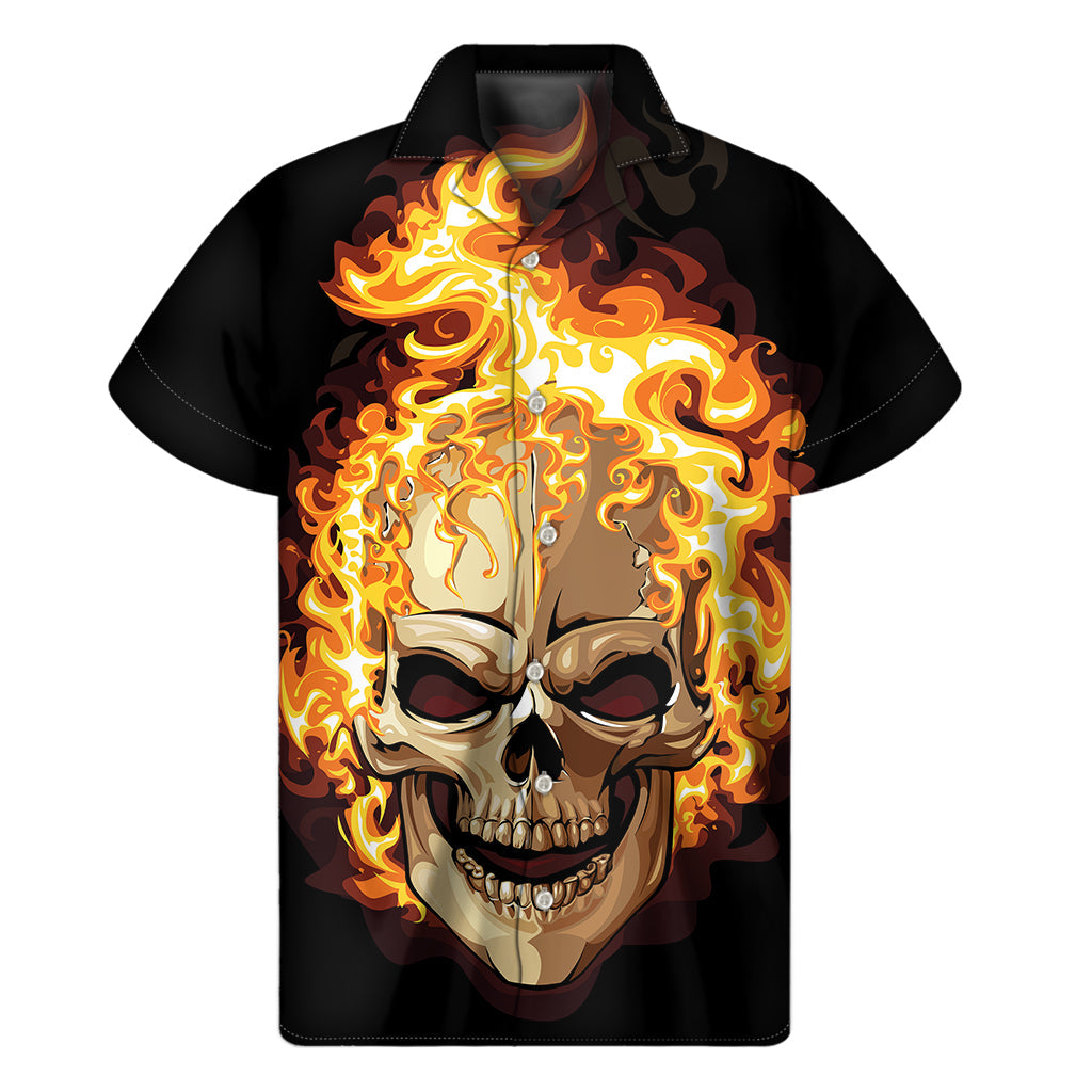 Tropical Vibes: Hawaiian Burning Skull Print Short Sleeve Shirt - 1