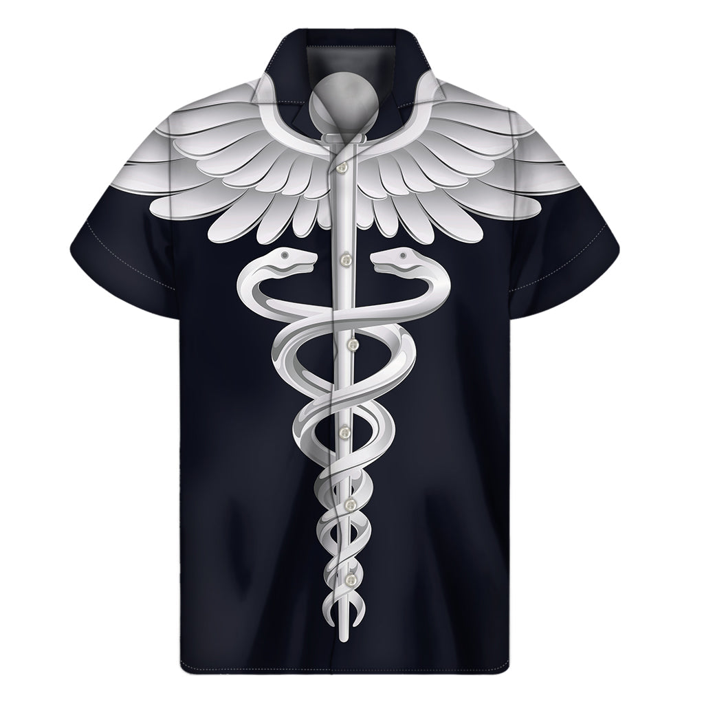 Island Vibes: Hawaiian Style Short Sleeve Shirt with Caduceus Symbol of Medicine Print - 1