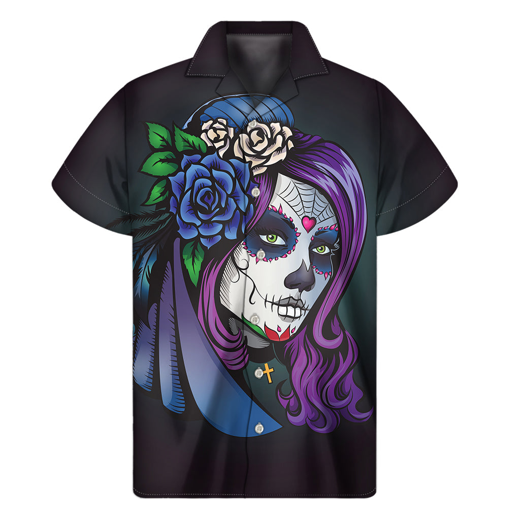 Hawaiian Calavera Girl Dia de los Muertos Print Short Sleeve Shirt - 1