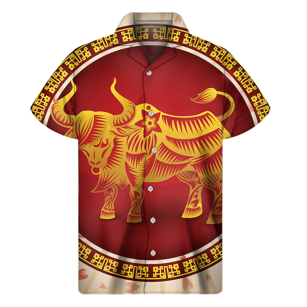 Chinese Ox Zodiac Print Hawaiian Short Sleeve Shirt - 1