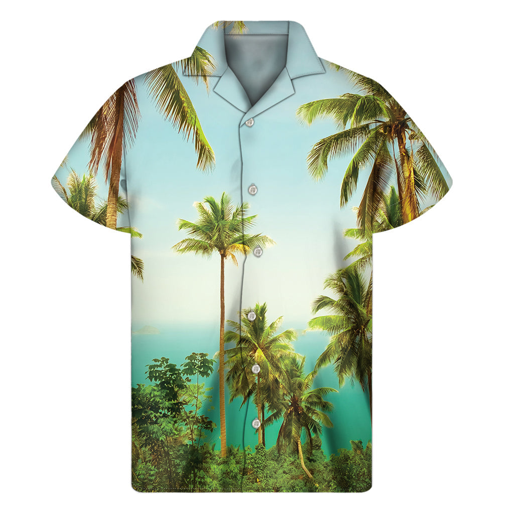 Tropical Vibes: Coconut Tree Print Hawaiian Short Sleeve Shirt - 1