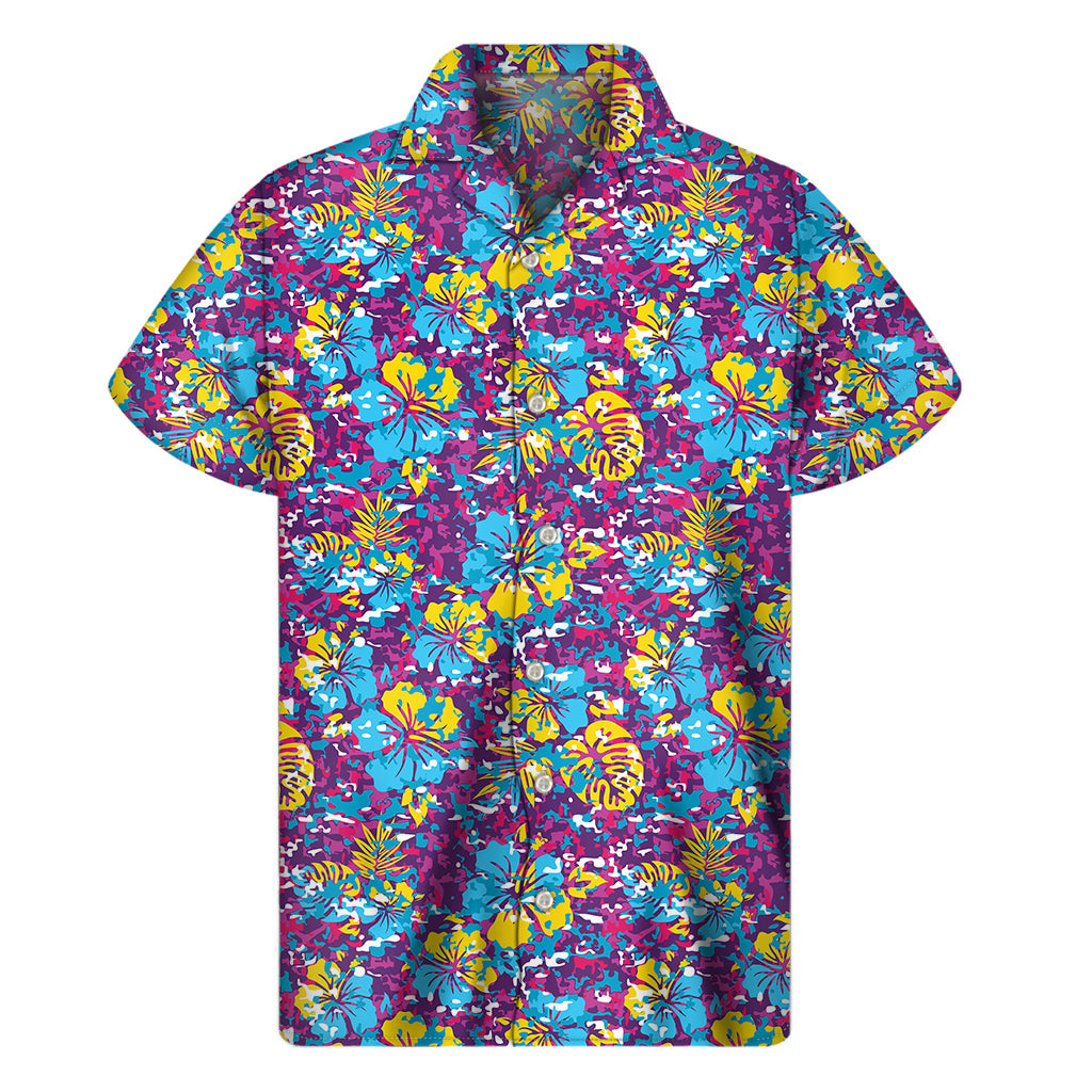 Colorful Aloha Camouflage Flower Print Hawaiian Short Sleeve Shirt - 1