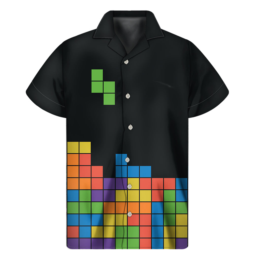 Island Vibes: Tropical Hawaiian Short Sleeve Shirt with Colorful Brick Puzzle Video Game Print - 1