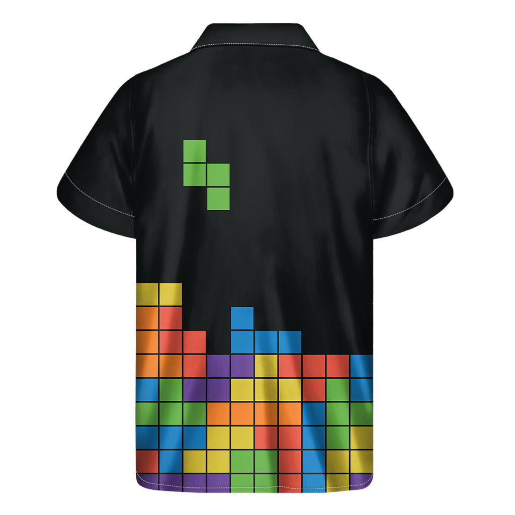 Island Vibes: Tropical Hawaiian Short Sleeve Shirt with Colorful Brick Puzzle Video Game Print - 2