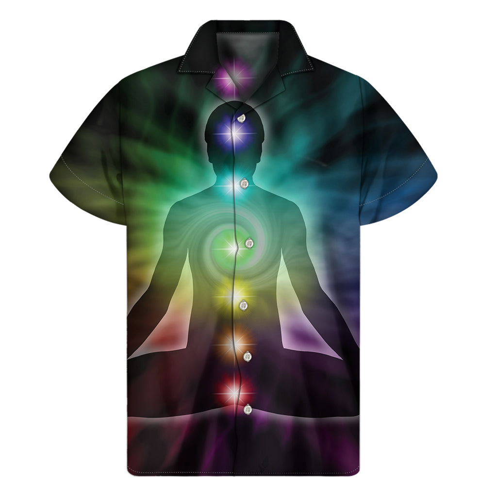 Island Vibes Hawaiian Short Sleeve Shirt: Colorful Chakras Aura Print - 1