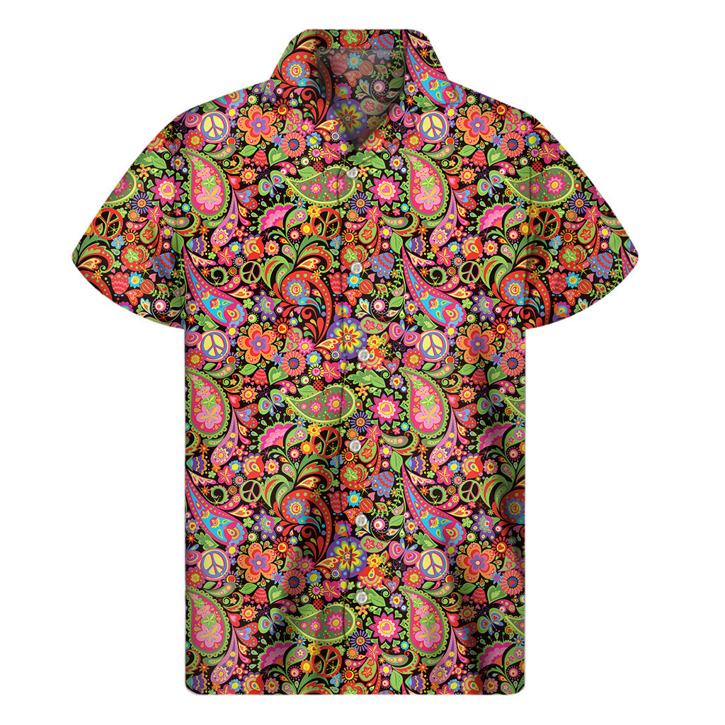 Vintage Hawaiian Vibes: Men's Colorful Hippie Peace Signs Short Sleeve Shirt - 1