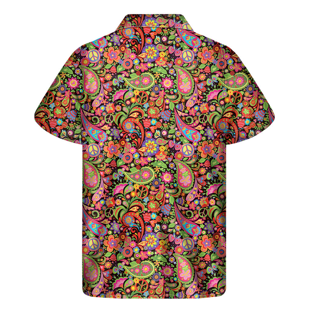 Vintage Hawaiian Vibes: Men's Colorful Hippie Peace Signs Short Sleeve Shirt - 1