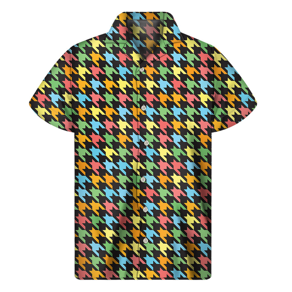 Tropical Vibes: Men&#39;s Colorful Houndstooth Hawaiian Short Sleeve Shirt - 1