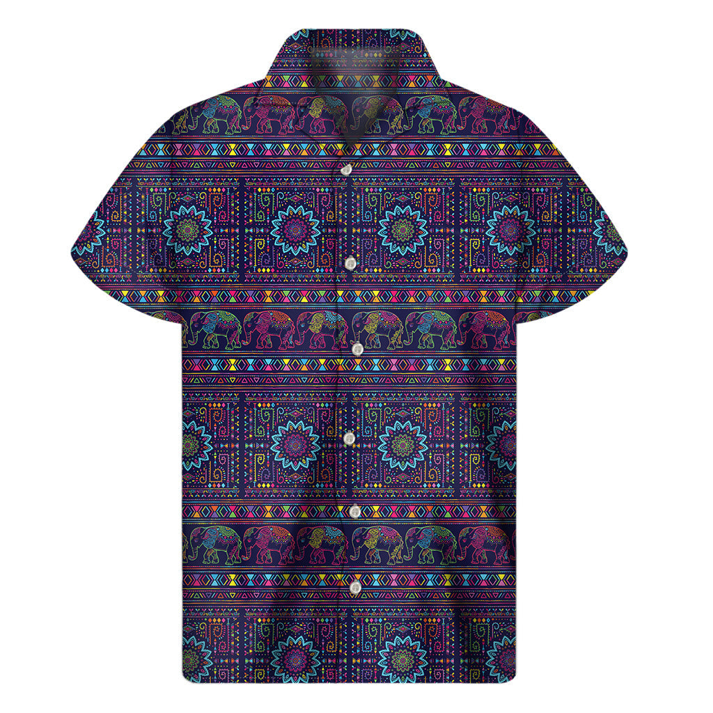 Vibrant Hawaiian Vibes: Men&#39;s Short Sleeve Shirt with Colorful Elephant Print - 1