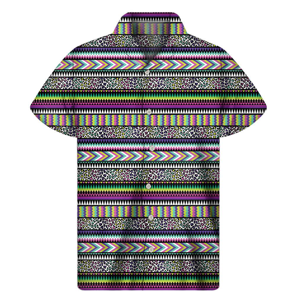 Vibrant Island Vibes: Men's Hawaiian Short Sleeve Shirt with Colorful Leopard Navajo Tribal Print - 1