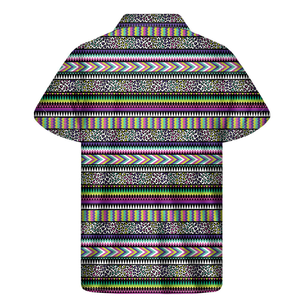 Vibrant Island Vibes: Men&#39;s Hawaiian Short Sleeve Shirt with Colorful Leopard Navajo Tribal Print - 2