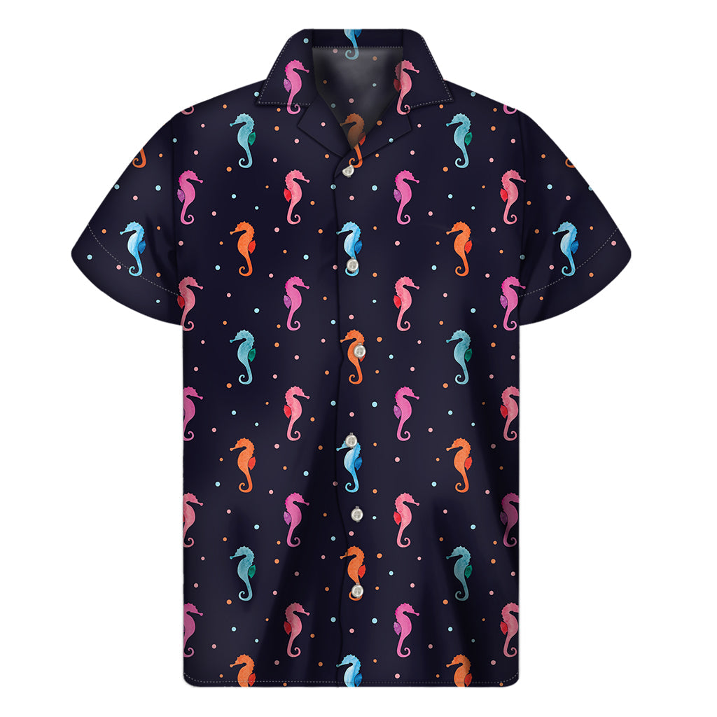 Island Vibes: Colorful Seahorse Print Hawaiian Short Sleeve Shirt - 1