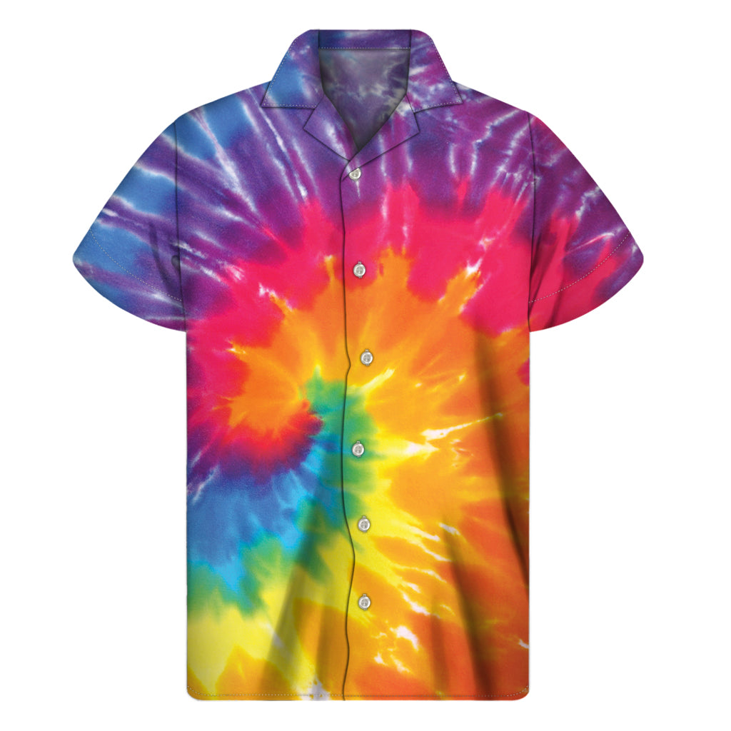 Vibrant Hawaiian Style Short Sleeve Shirt with Spiral Tie Dye Print - 1