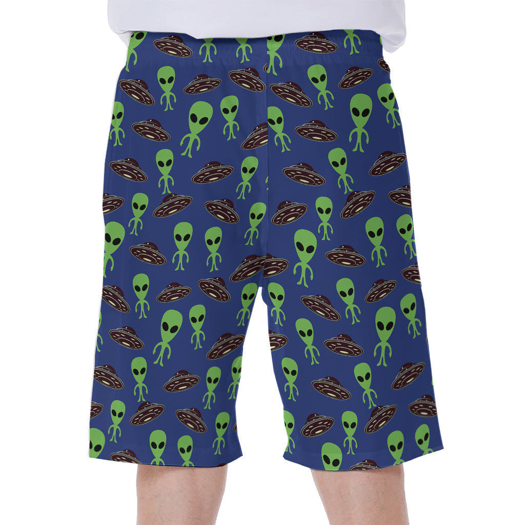 Alien Invasion: Hawaiian Men's Beach Shorts with Green UFO Print - 1